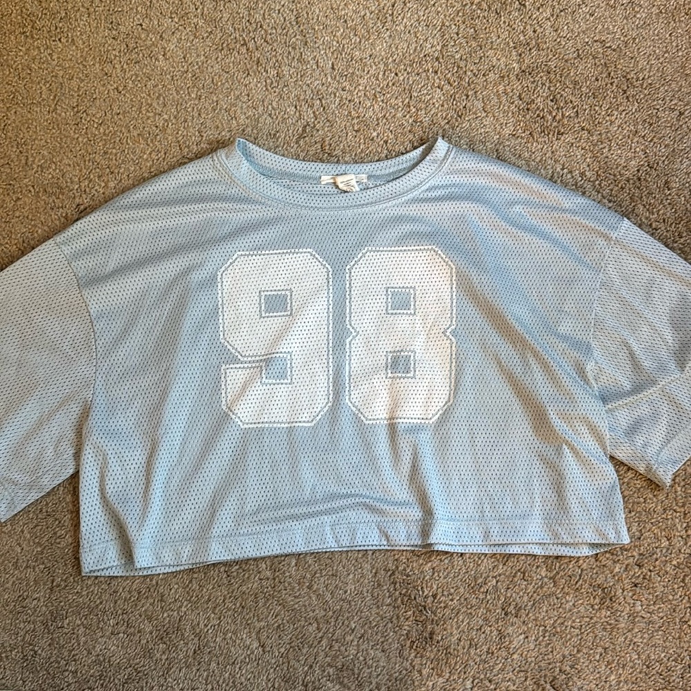 Baby blue mesh cropped top with numbers 98